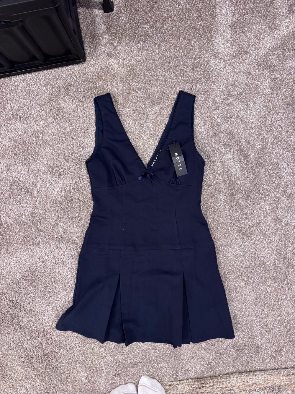 Motel Rocks Navy Deep V  Preppy Pleated Dress